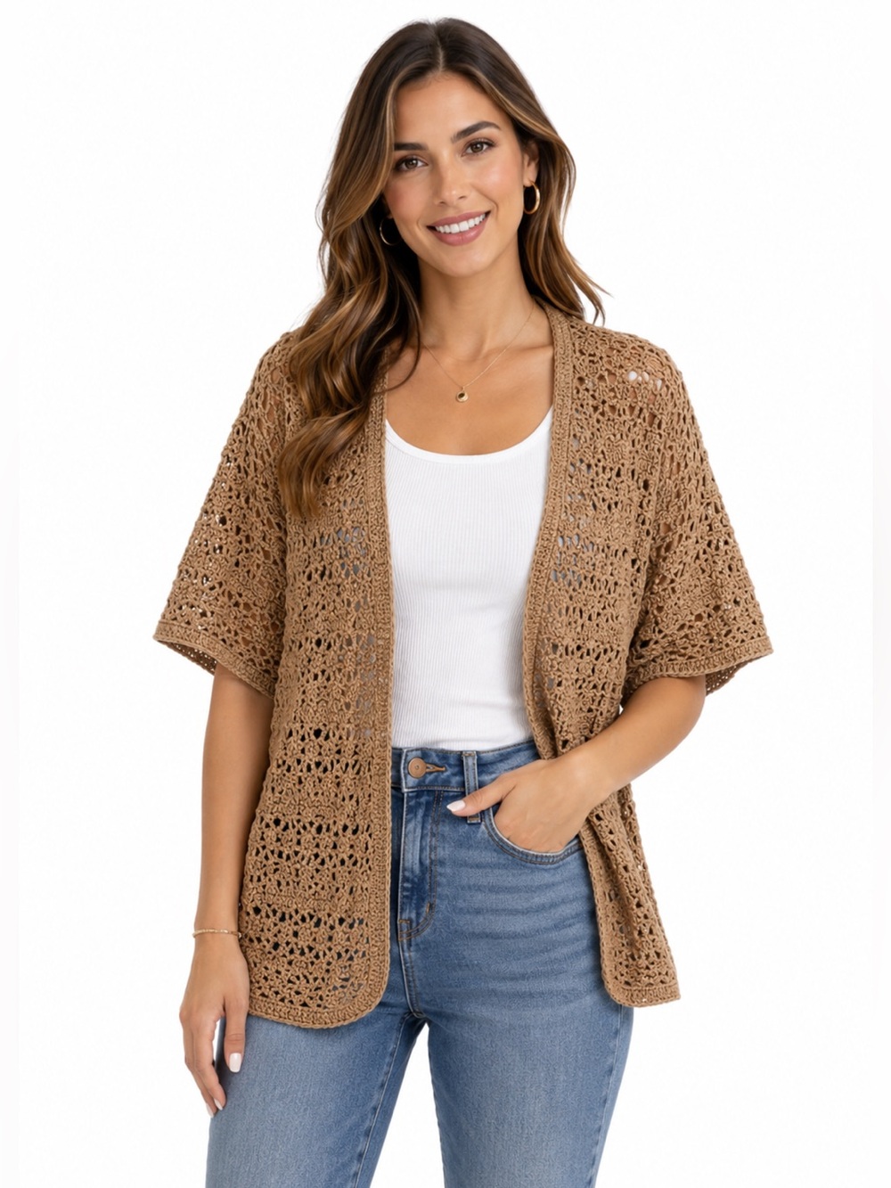 Coldwater Creek Crochet Open-Front Cardigan Sweater Boho Casual Chic Size 18W